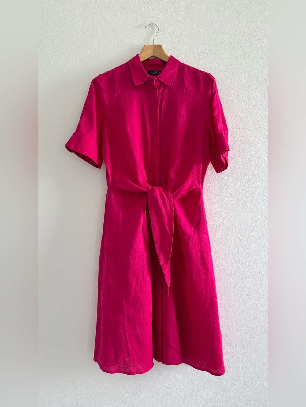 Lauren Ralph Lauren Bright Pink Tie-Waist Midi Shirt Dress